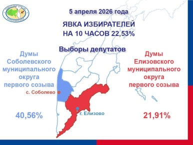 Активность избирателей Камчатского края на выборах депутатов представительных органов муниципальных образований по состоянию на 10:00 часов 5 апреля 2026 года составила 10582 человек (22,53%):