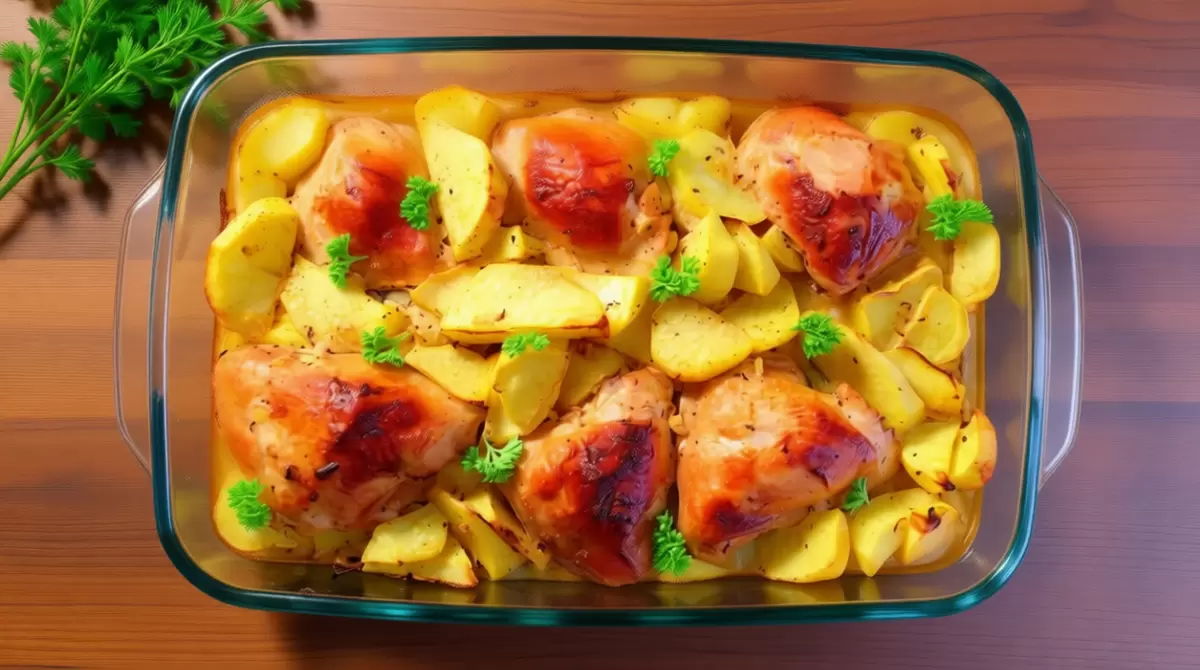 Запеченные куриные бедра с картошкой в кефирном маринаде