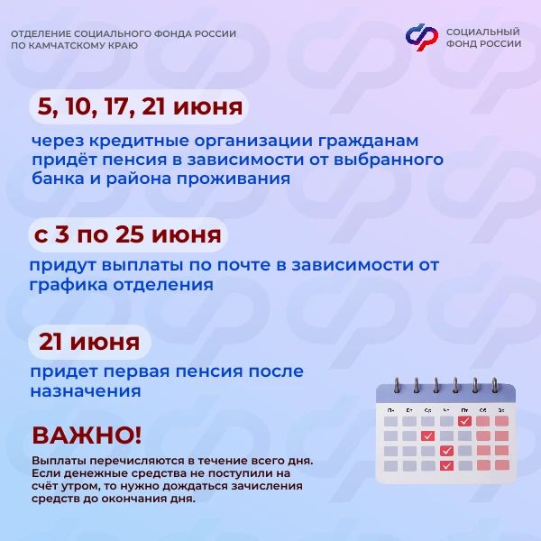 В июне Отделение СФР по Камчатскому краю перечислит пенсии и пособии по следующему графику: В июне Отделение СФР по Камчатскому краю перечислит пенсии и пособии по следующему графику:
