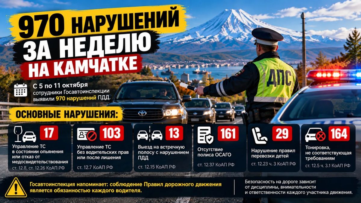 970 НАРУШЕНИЙ ЗА НЕДЕЛЮ: НА КАМЧАТКЕ ЛОВИЛИ ПЬЯНЫХ ВОДИТЕЛЕЙ И БЕЗ ОСАГО