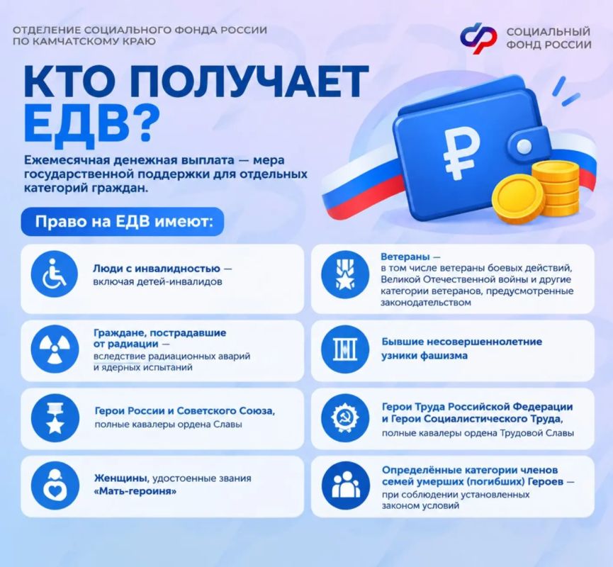 Ежемесячная денежная выплата (ЕДВ) — это мера государственной поддержки, которую Отделение СФР по Камчатскому краю предоставляет отдельным категориям граждан, имеющим право на федеральные льготы Ежемесячная денежная выплата (ЕДВ) — это мера государственной поддержки, которую Отделение СФР по Камчатскому краю предоставляет отдельным категориям граждан, имеющим право на федеральные льготы