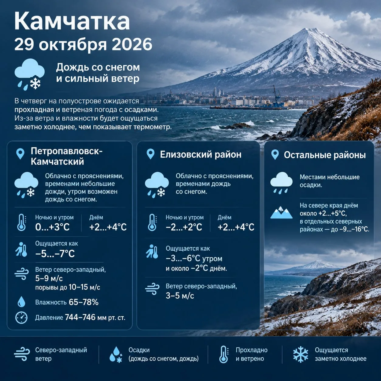 Камчатка, 29 октября 2026: дождь со снегом и сильный ветер